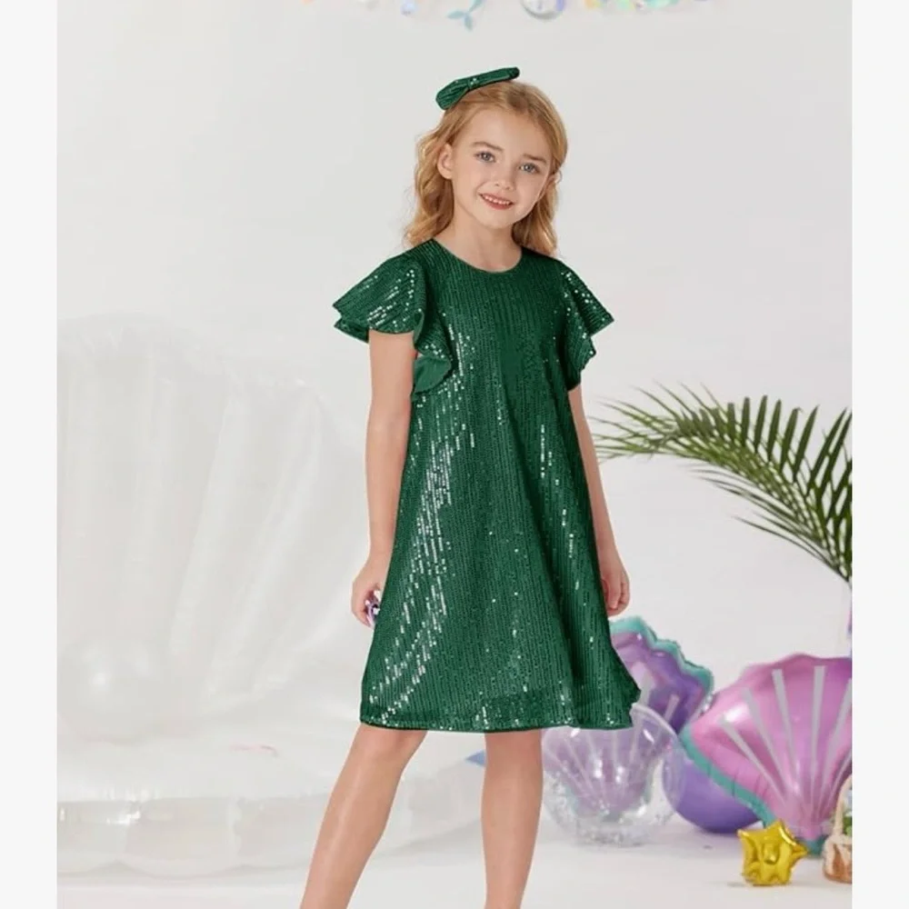 GRACE KARIN Girls Sequin Dress Short Flutter Sleeve Flare Silhouette Mini 7Y - Picture 2 of 7